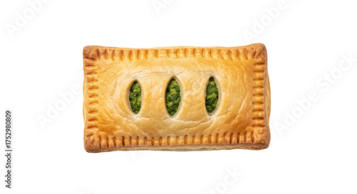 Isolated savory puff pastry with spinach filling, golden flaky dough, snack food item