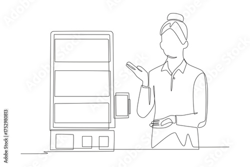 Women introduce digital kiosks. Digital kiosks concept one-line drawing