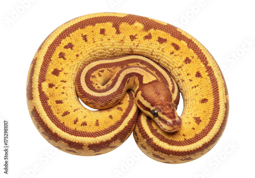 Isolated ball python curled up, a striking pet known for its docile nature and unique patterns