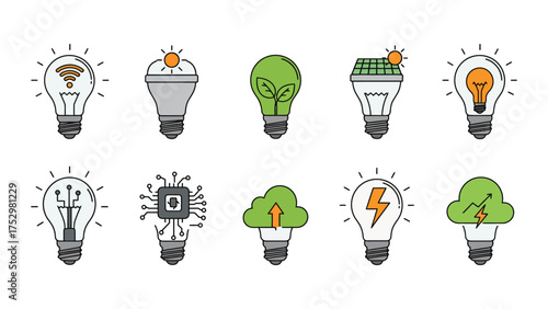 Vibrant Collection Of Eco Light Bulbs, Solar Panels, And Cloud Tech Concepts For Energy Innovation
