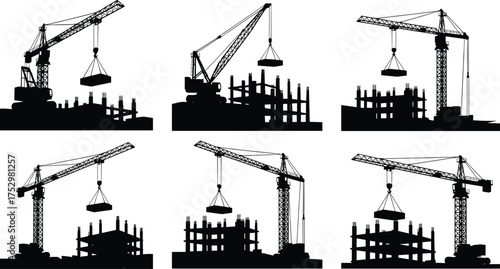 Construction site silhouettes, tower cranes lifting loads, steel framework buildings, urban development, industrial progress, architecture, engineering, heavy machinery, city growth