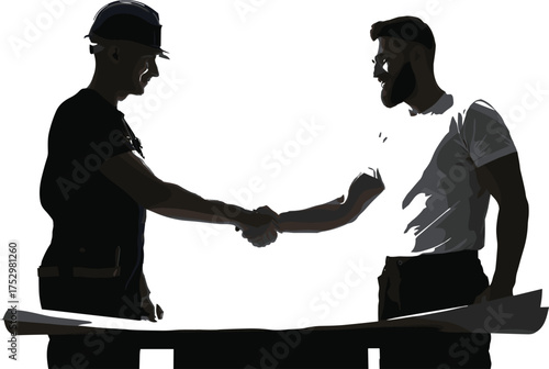 Construction handshake, business agreement, engineering deal, blueprint collaboration, contractor meeting, project planning, teamwork success, architecture partnership,