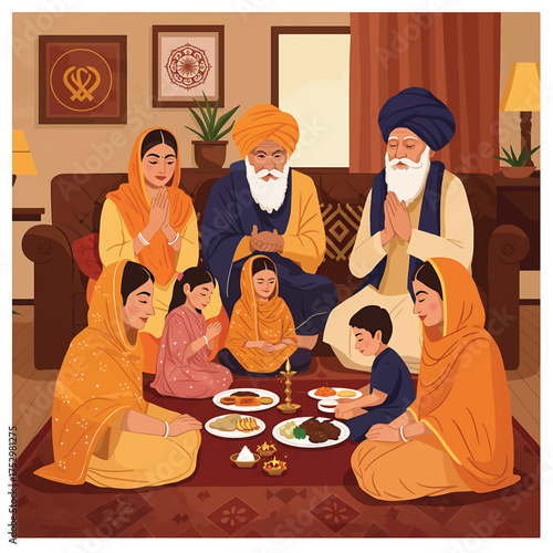 Illustration of a Sikh family gathered around a meal in a cozy living room