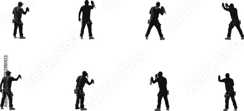 Construction worker silhouette, technician poses, tool belt, repair action, industrial job, maintenance role, labor movement, handyman figure, vector illustration, white background