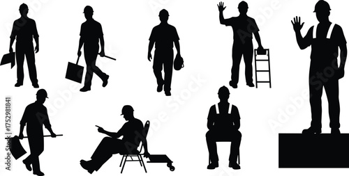 Construction workers silhouette, hard hat laborers, industrial teamwork, toolbox and wrench, ladder safety, sitting and standing poses, occupational scene, black vector