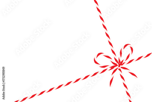 Christmas gift background with red and white baker’s twine bow and ribbon. Packing cord for envelope, present, pastry box for New Year. Isolated flat vector element on transparent background. EPS10