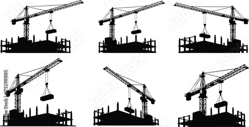 Construction, crane, silhouette, tower, lifting, building, site, industrial, architecture, beam, column, structure, engineering, machinery, development, urban, heavy, equipment, framework, progress