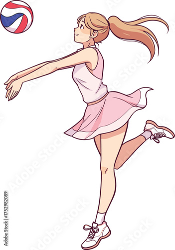 Girl playing volleyball, forearm pass action, pink sportswear, athletic motion, dynamic pose, youth sport, animated character, outdoor game, ponytail, energy