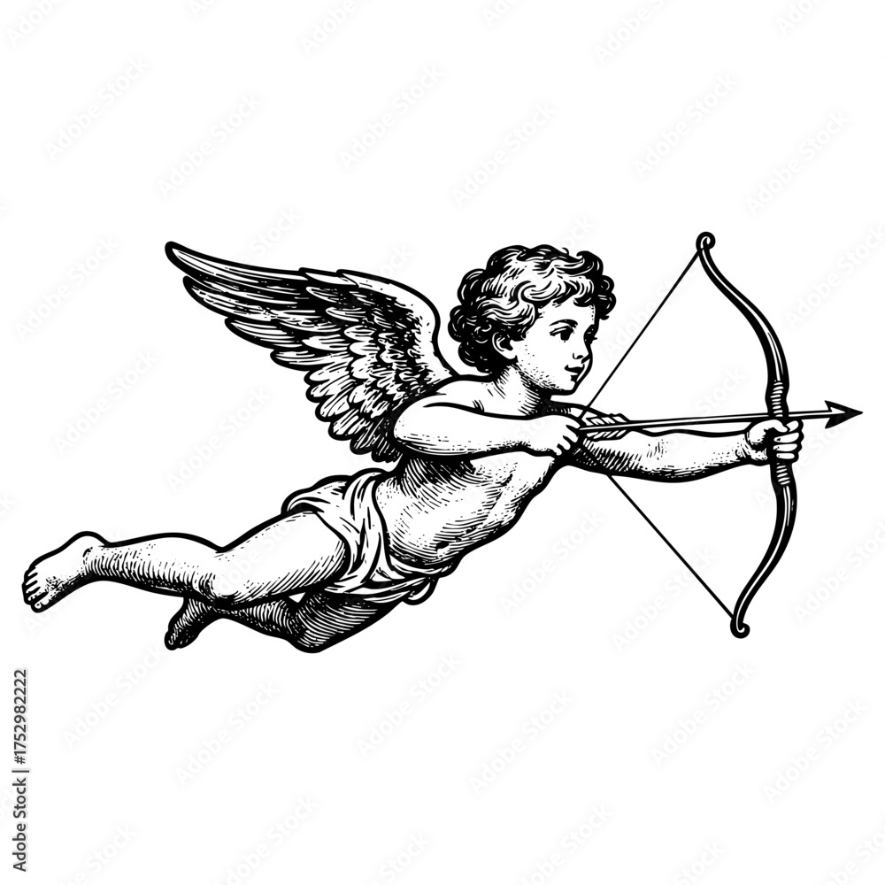 Naklejka premium Flying Cupid Cherub with Bow and Arrow Engraving Vector Illustration