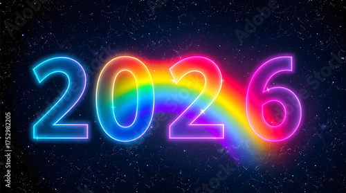 Rainbow gradient 2026 glowing softly against a dark galaxy background
