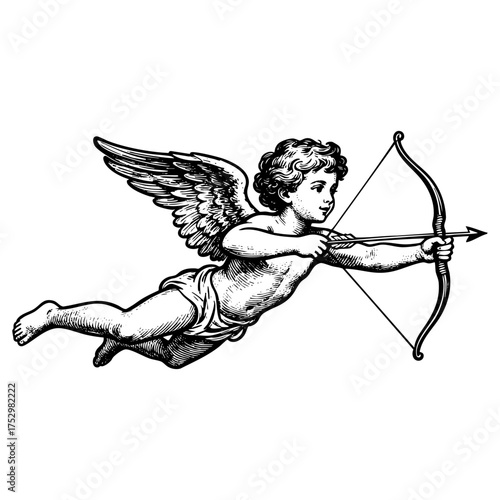 Flying Cupid Cherub with Bow and Arrow Engraving Vector Illustration