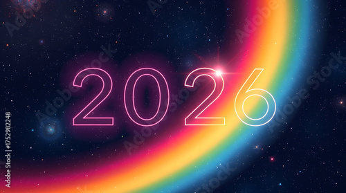 Rainbow gradient 2026 text glowing softly against a dark galaxy background