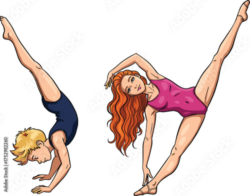 Gymnastics flexibility pose, acrobatic balance, athletic performance, female athletes stretching, handstand and split, strength, fitness, body control, sport art
