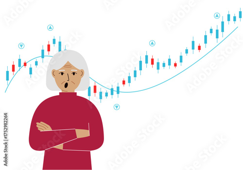 A grandmother on the background of a Forex chart. Conceptual illustration on the topic of strategic planning in trading on the stock exchange.
