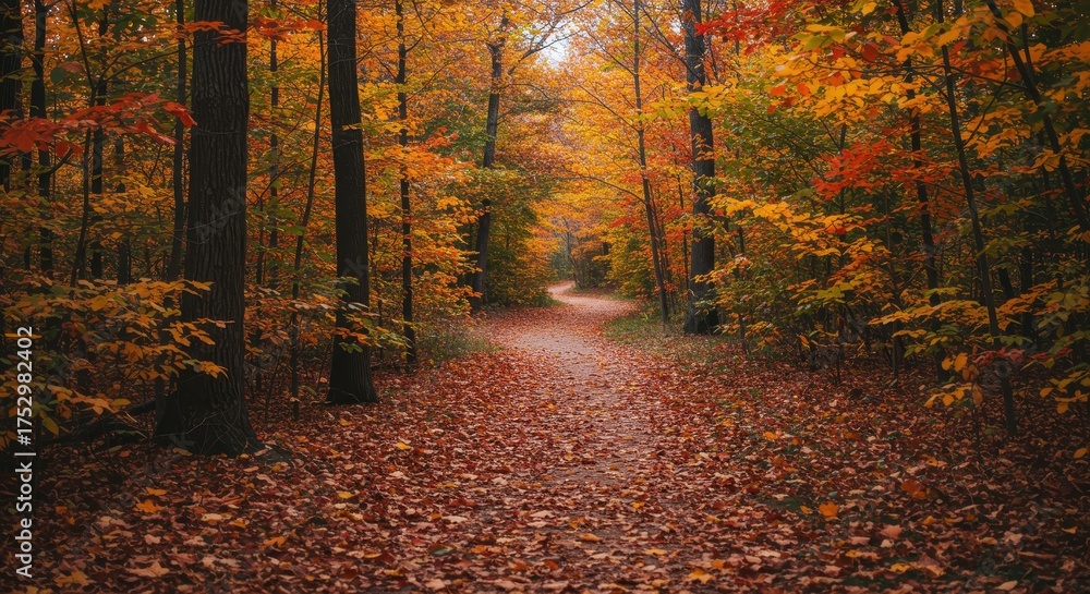 Obraz premium Forest path covered in fallen autumn leaves winds through colorful trees.