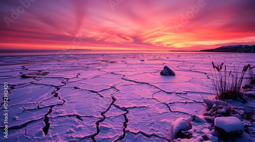 Sunset at a frozen coastal bay, cracked ice glowing under purple skies background