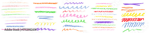 Colorful crayon stripe set with hand drawn rainbow marks and playful scribbles for children artwork. brush textures with wavy, zigzag and straight patterns for school or creative educational materials