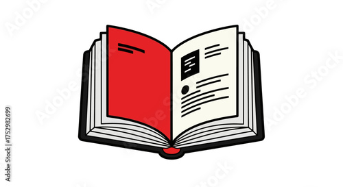 Open book with red cover and white pages filled with text and illustrations, symbolizing knowledge, learning, and information