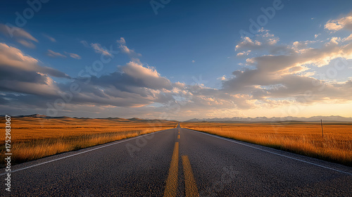 Open Road Stretching Towards the Horizon Under a Vast, Dramatic Sky with Golden Hour Light