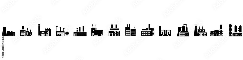 Obraz premium Industrial factories vector icon set. Factory illustration sign collection. Industry power symbol. chemical manufacturing building logo. nuclear energy plant icons.