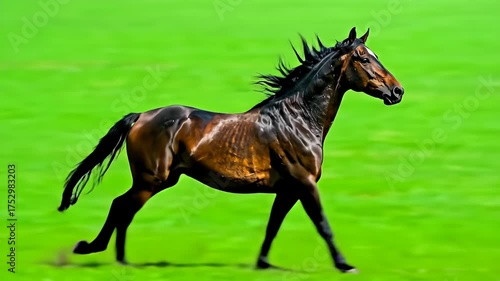 Majestic Brown Horse Galloping on Green Screen Background.