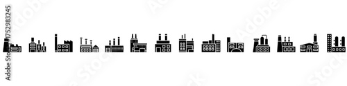Industrial factories vector icon set. Factory illustration sign collection. Industry power symbol. chemical manufacturing building logo. nuclear energy plant icons.