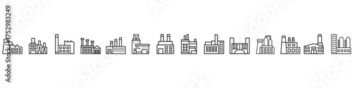 Industrial factories vector icon set. Factory illustration sign collection. Industry power symbol. chemical manufacturing building logo. nuclear energy plant icons.