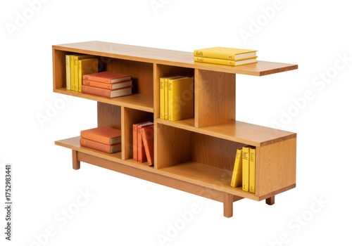 Isolated Modern bookshelf unit with books for home library furnishing decor art studio