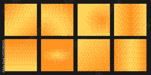 Orange halftone backgrounds with pixel dots creating gradient transitions and smooth gradation effects for modern design. Yellow squares patterns. Geometric digital textures with bitmap elements.