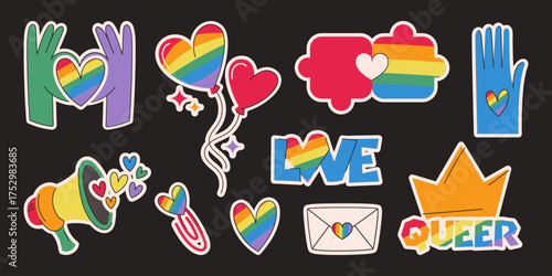 Pride month sticker set with rainbow hearts, balloons and colorful hands forming love symbols for LGBTQ support. Megaphone, crown and cloud shapes. Envelope, paperclip and celebration elements on dark