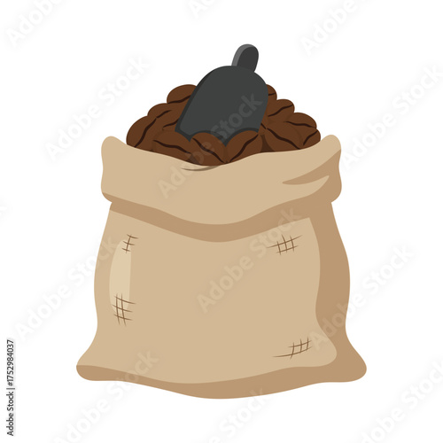 Burlap sack filled with coffee beans and black scoop for serving or measuring roasted beans