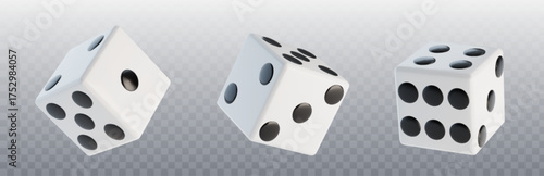 White dice with black dots for 3d game mechanics and casino entertainment on transparent bg. Cubic gambling objects with different number combinations. Board gaming pieces and probability tools.