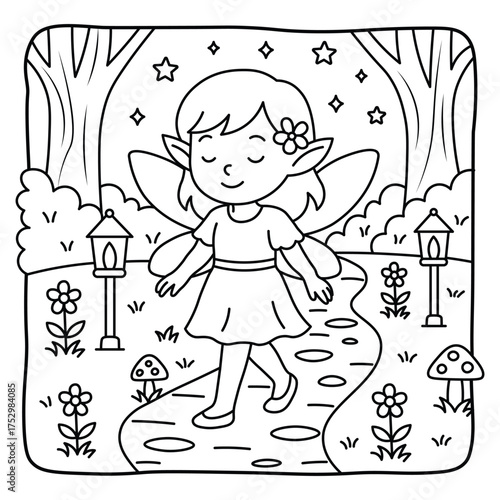 Cute Fairy Girl Walking in Enchanted Garden | Hand Drawn Magical Coloring Page