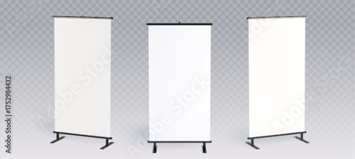 Blank roll up banner mockup set with metal stands for presentations and exhibitions - white vertical displays on transparent background. Portable advertising boards for trade shows or business events.