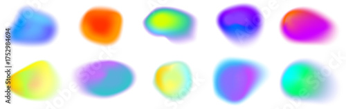 Abstract glowing luminous blur blobs in neon colors. Round gradient shapes in blue, yellow, and green tones on white vector background.