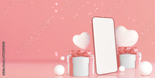 Valentine day phone mockup with 3d pink gift boxes and heart shapes for romantic celebration. Smartphone display surrounded by presents with ribbons and sparkles on pastel bg. Love themed mobile scene