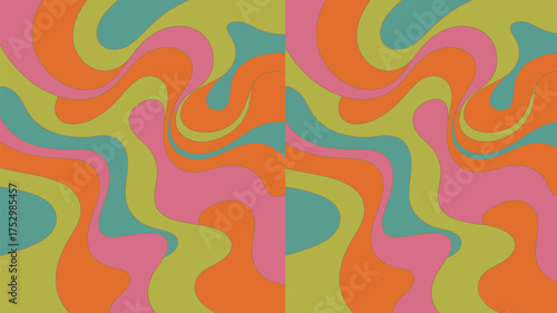 Abstract colorful groovy retro pattern with orange pink green and teal wavy shapes repeating twice