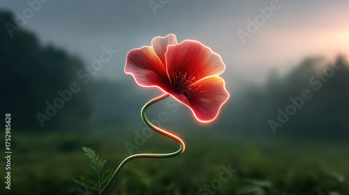 Glowing red flower with curved stem in misty green field at sunrise, creating magical and serene atmosphere