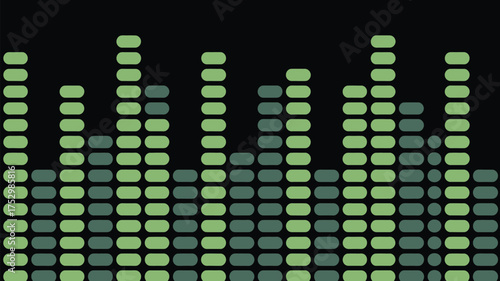A graphical representation of an equalizer with green bars on a black background display showing sound levels