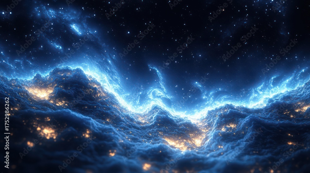 Fototapeta premium Cosmic city lights glowing clouds. Use Science fiction backdrop