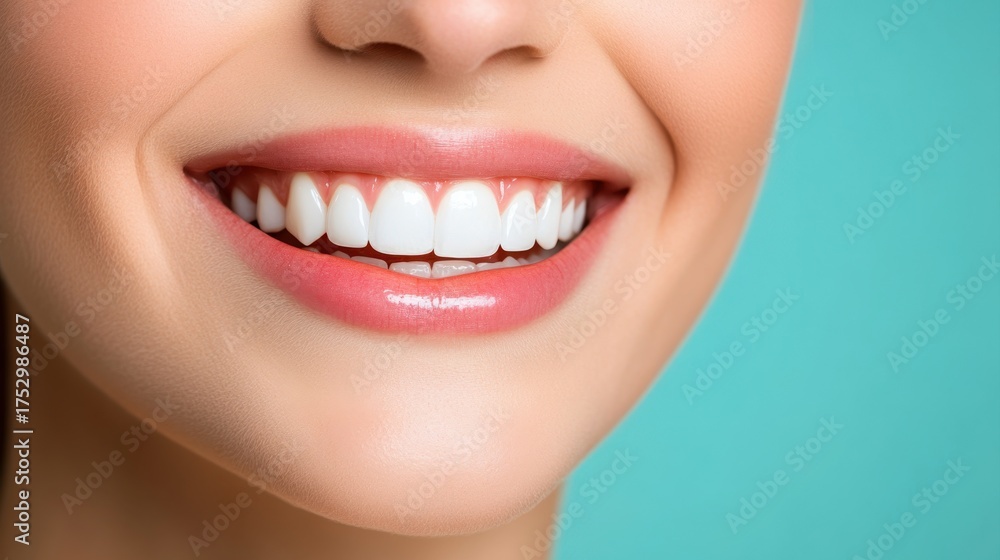 Fototapeta premium Woman with a bright smile showcasing perfect white teeth in a studio setting portrait photography vibrant atmosphere