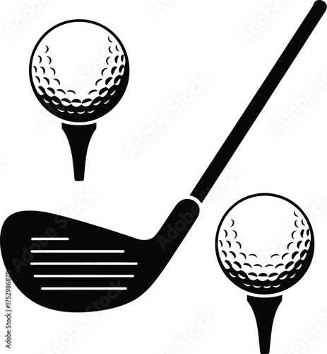 Golf club and ball silhouette vector illustration set perfect for sports logo, golfing tournament emblem, and modern golf course branding design