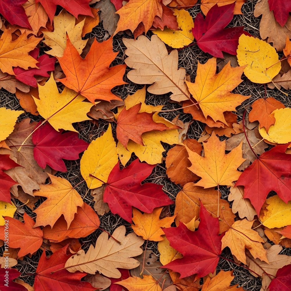 Fototapeta premium Vibrant maple and oak leaves in rich autumn colors scattered across dark ground