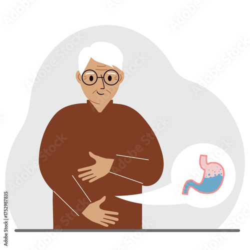 The concept of a healthy stomach. The old man holds her stomach with both hands. A healthy stomach or proper digestion.