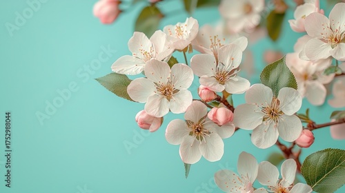 Beautiful white and pink apple blossoms against a vibrant turquoise background.
