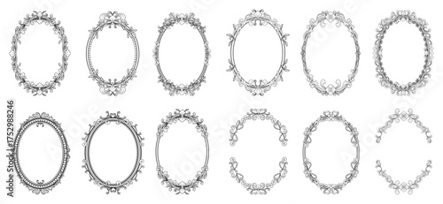 Collection of ornate vintage oval frames and decorative borders with rococo and baroque elements on white background.