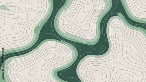 Abstract topographic map illustration with green shades and contour lines in beige background