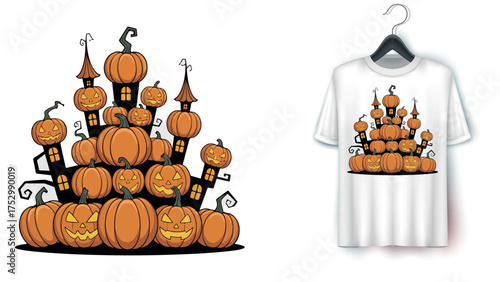Castle made of stacked pumpkins
Halloween t-shirt