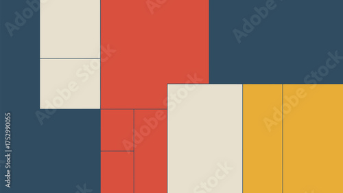 Geometric design featuring rectangles in shades of blue red yellow and beige color blocking style art
