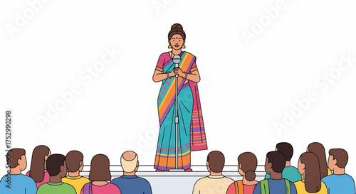 A woman in a colorful sari speaking to a diverse audience from a podium against a white background.